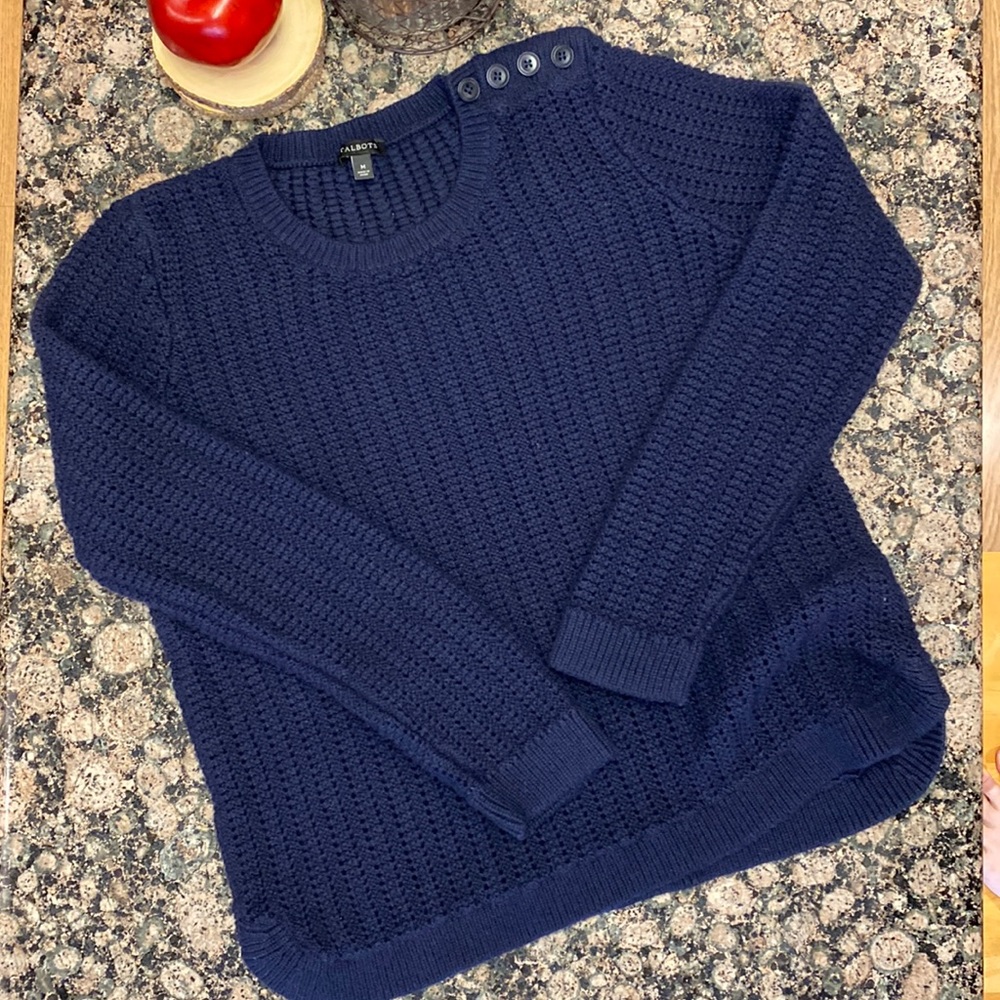 Talbots lambswool and nylon open weave sweater with button detail, size M